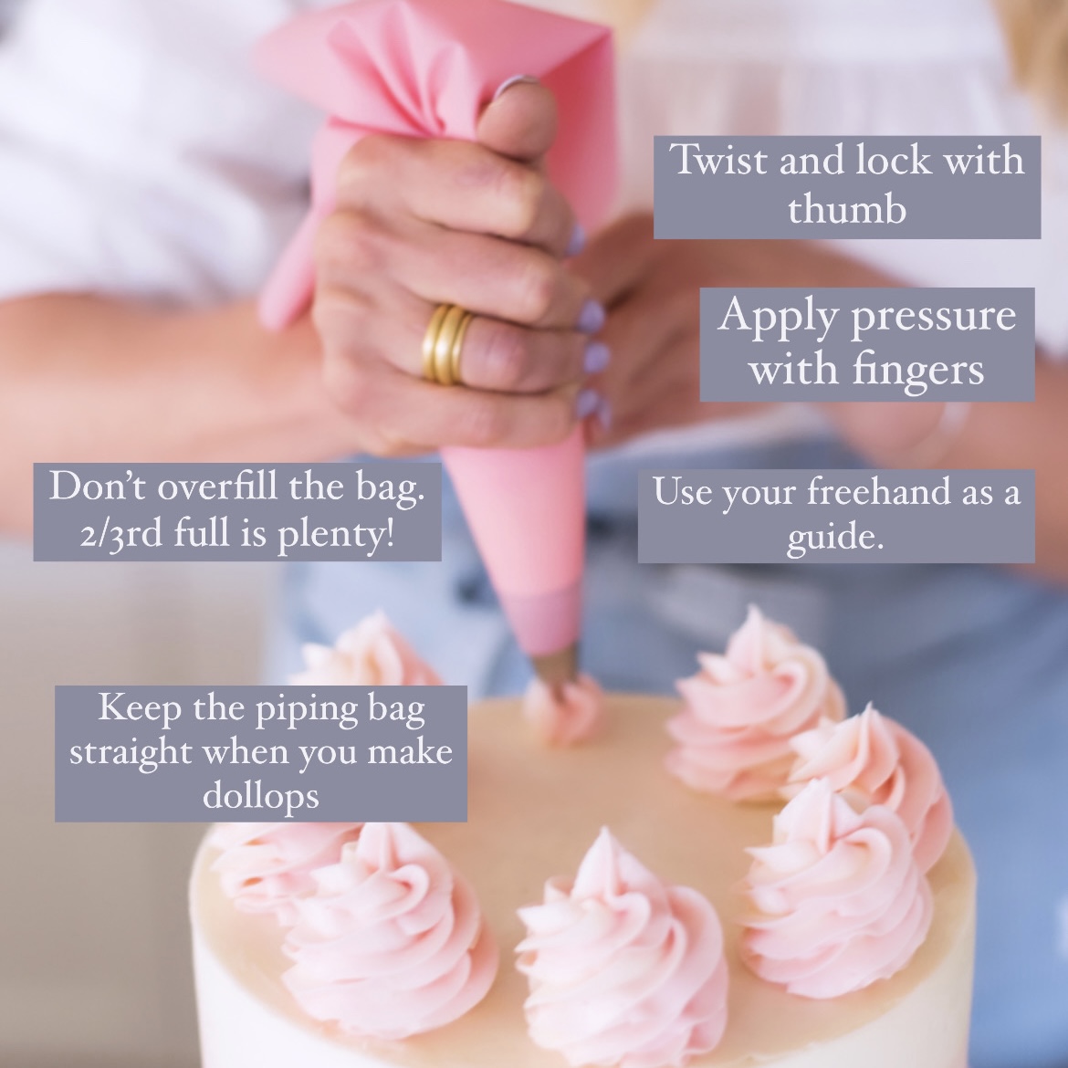 A woman piping buttercream onto a cake.