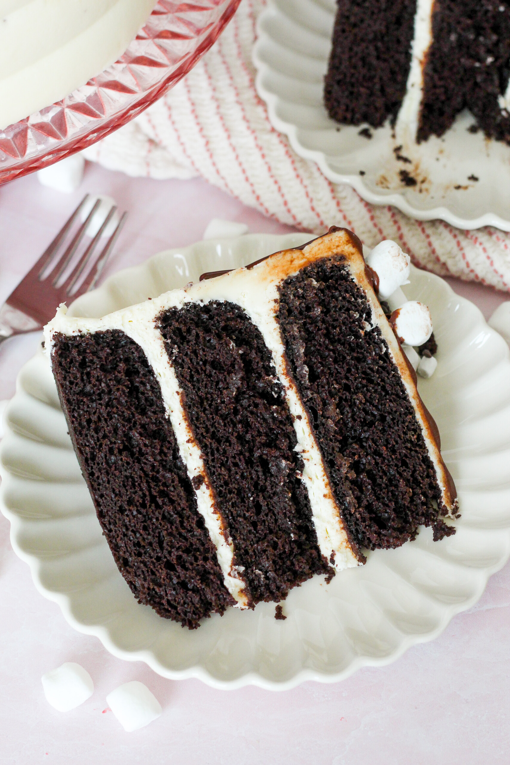 Slice of chocolate cake on a plate.