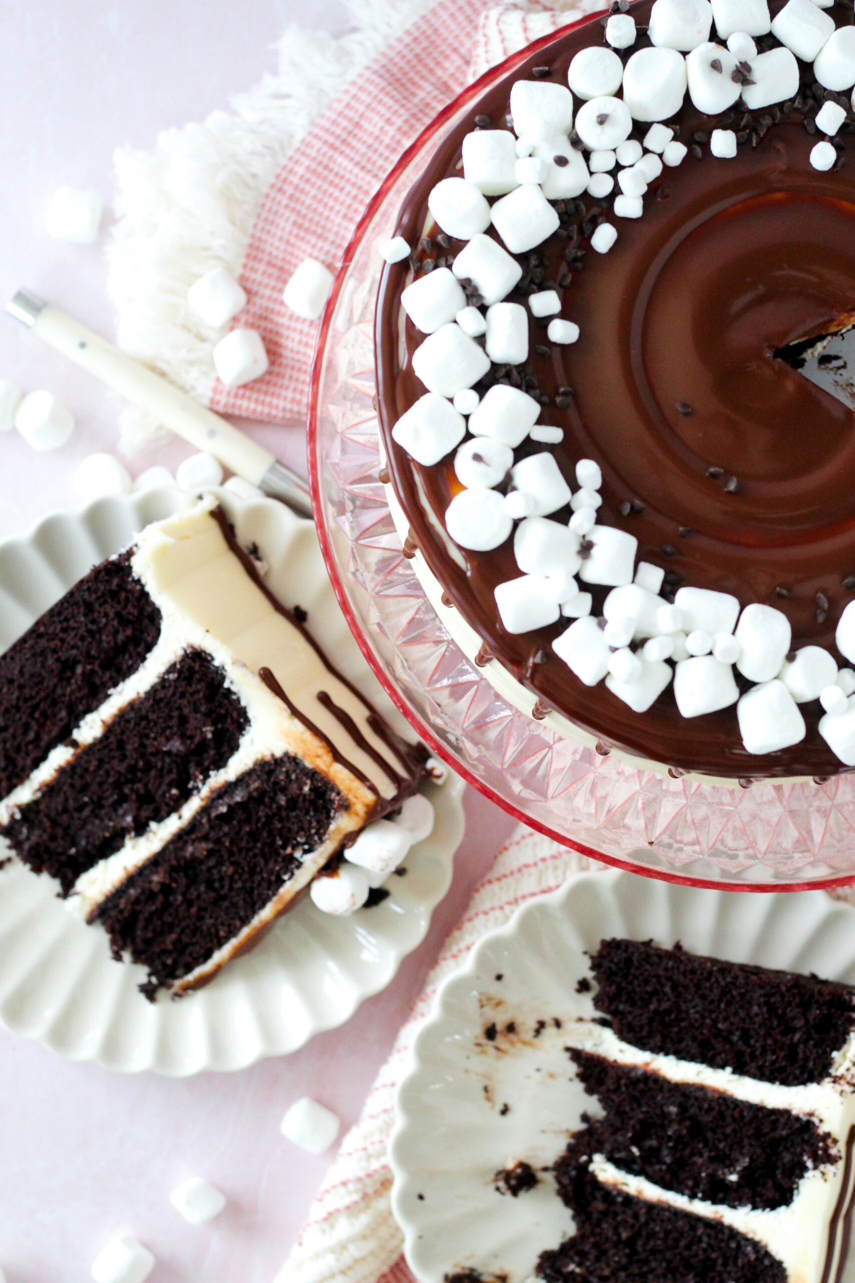 Top view of a cake with cake slices on a table.