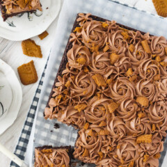 Overhead view of a sheet cake.