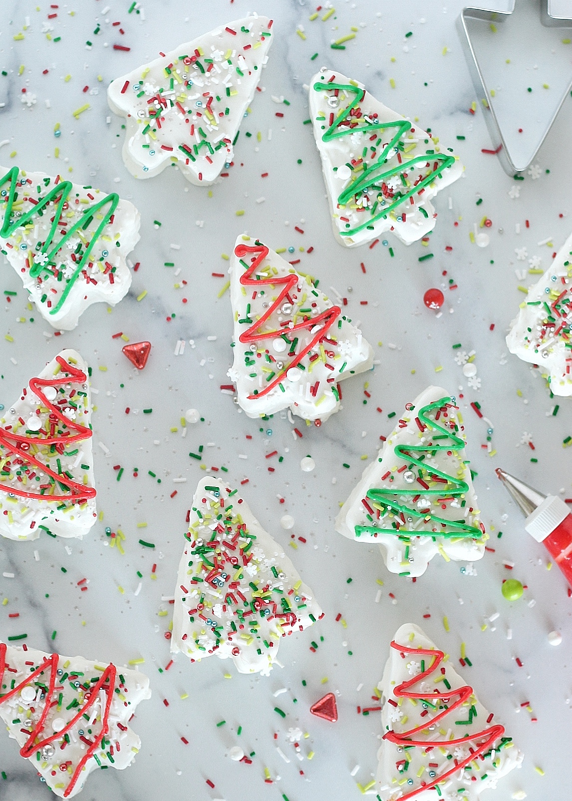 Overhead shot of homemade Little Debbie Christmas Tree Cakes.