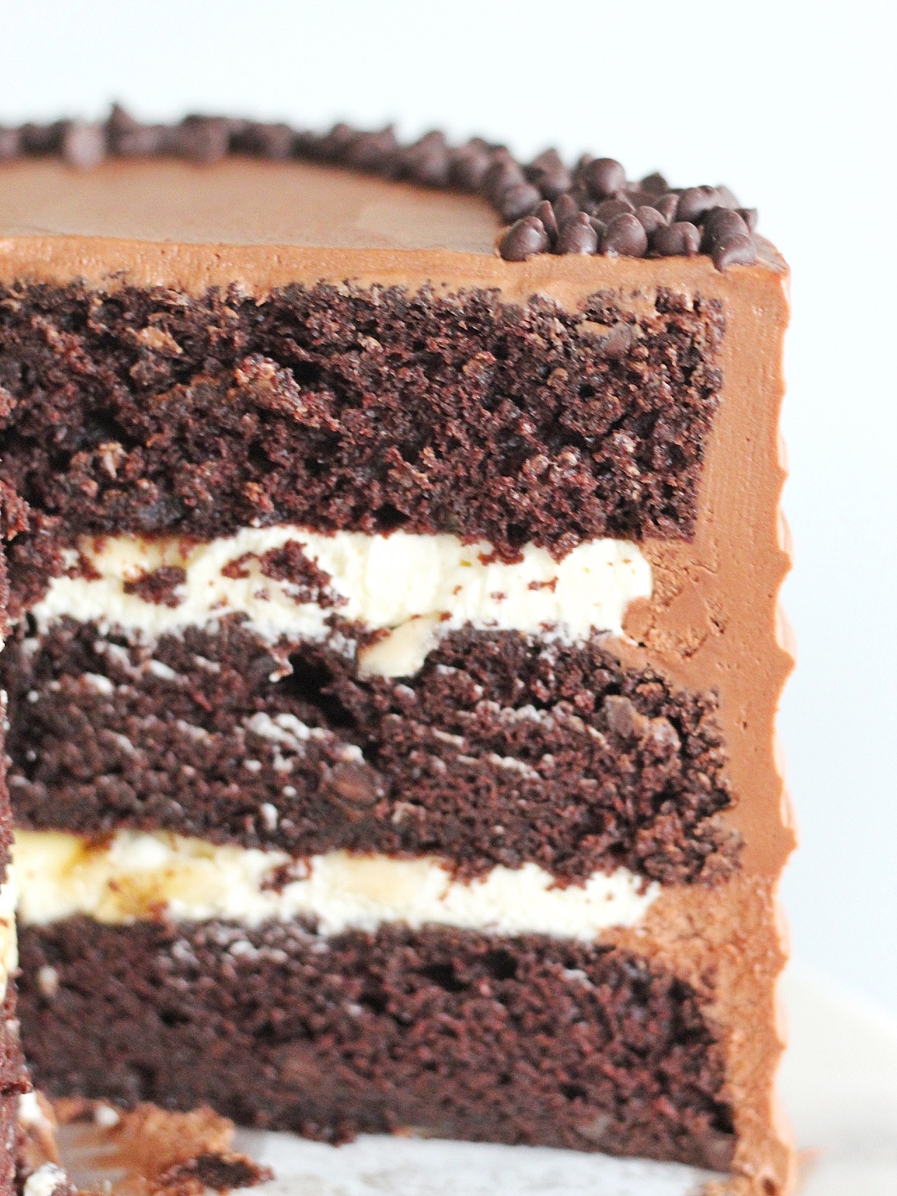 Triple Chocolate Banana Cake: chocolate, chocolate chip banana cake layers with banana cream filling and chocolate buttercream #cakebycourtney #cake #chocolatebananacake #bananacake #bananapudding #chocolatecake #easychocolatecake #moistchocolatecake #bananachocolatecake #bananachocolatebread #banana #chocolate #chocolatebuttercream #magnoliabananapudding