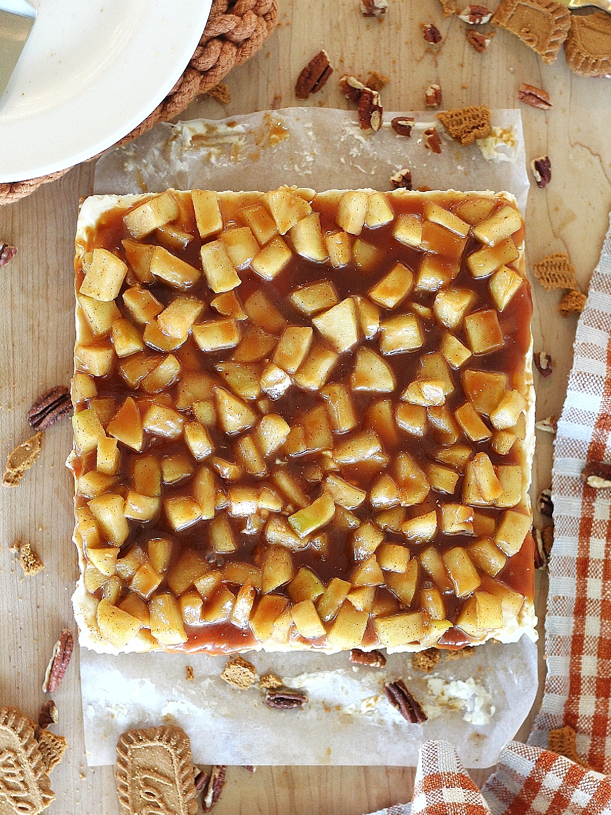 Overhead view of caramel apple no bake cheesecake bars.